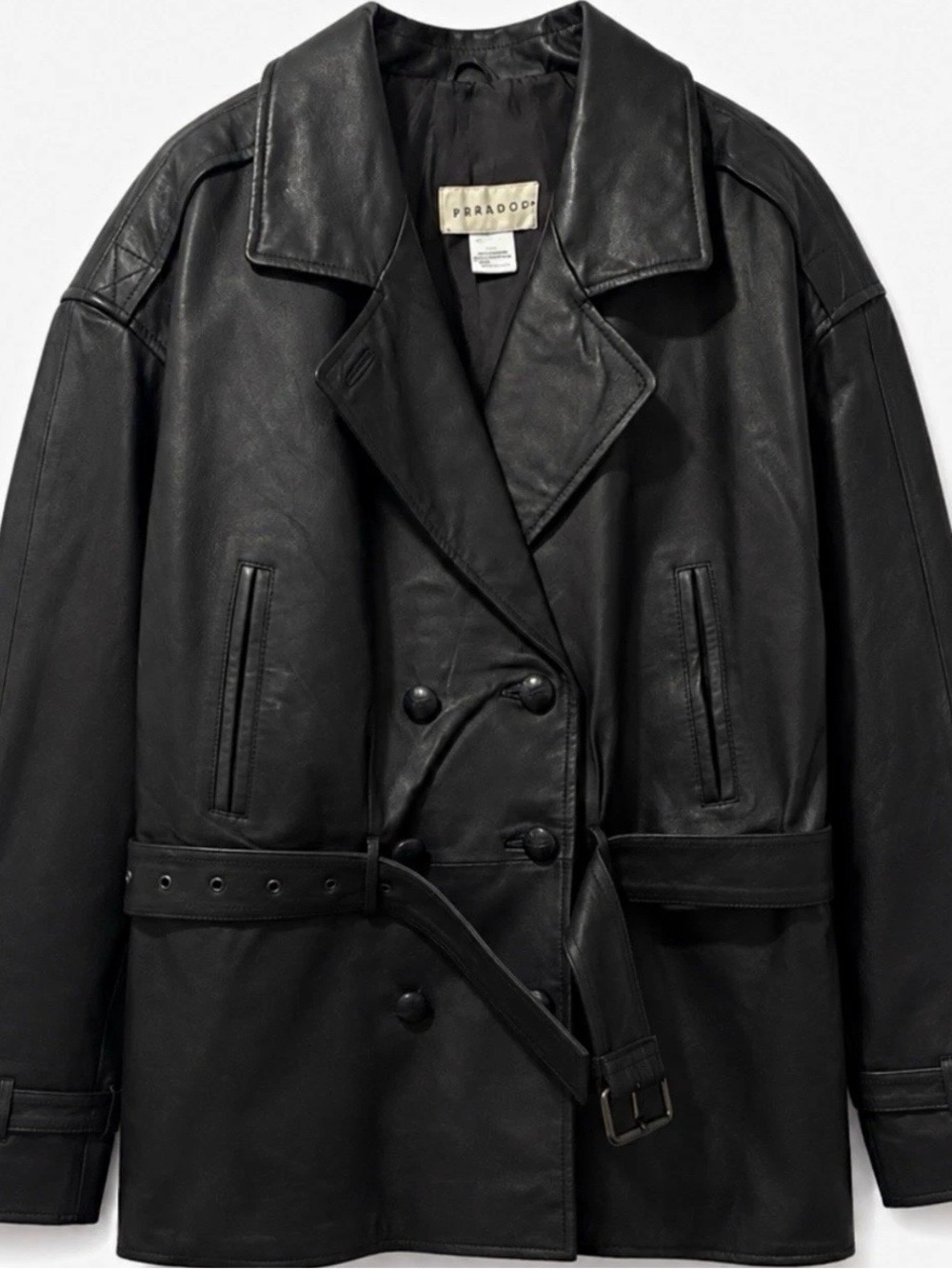 Paradox Black Double-Breasted Leather Coat with Belt